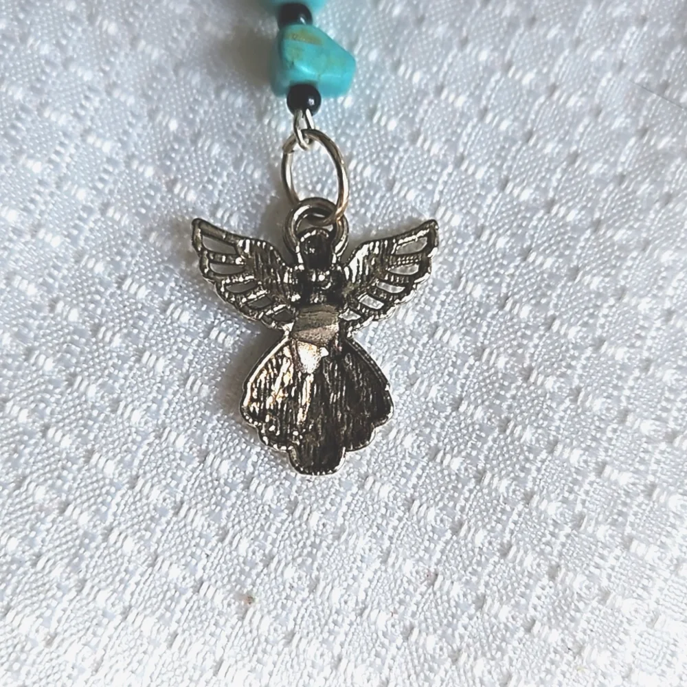 Guardian Silver Angel Charm Turquoise Cross Stone Black Beaded Keychain, Keyring
